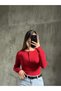 Women's Red Button Detailed Plaid Buttoned Crew Neck Long Sleeve Ribbed Camisole Blouse Body - 3