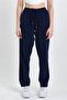 Navy Blue High Waist Elastic Waist Linen Trousers - 4