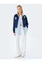 Stand Collar Zippered Pocket Detailed Ribbed Crop College Sweatshirt
