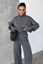 Crop Hand-Interwoven Turtleneck Sweater and High-Waisted Knit Pants Bottom Top Anthracite Knitwear Set 015 - 3