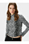Leopard Patterned T-Shirt Long Sleeve High Collar