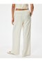 Linen Blended Wide Leg Trousers with Lining Pockets and Elastic Waist Ties - 4