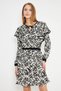 Women's Black Round Neck Flounce Detailed Elastic Waist Flared Mini Dress Arm-25K001051