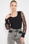 Women's Black U-Neck Sleeves Tulle Detail Cuffed Camisole Blouse Arm-25K 001066
