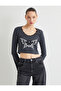 Crop T-Shirt Long Sleeve Printed Round Neck Lace Detailed Cotton - 3