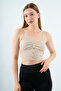 Women's Ribbed Crop Undershirt Suspender Button Detailed Bustier Blouse with Removable Pads - 2
