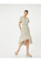 Floral Midi Dress Asymmetrical Cut Ruffle Short Sleeve V Neck Buttoned Lined