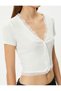 Crop V-Neck T-Shirt Ribbed Buttoned Lace Detailed Short Sleeve - 5