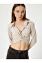 Double Breasted Knot Detailed Crop T-Shirt Long Sleeve Shirt Collar - 2
