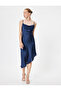 Midi Satin Evening Dress with Rope Straps, Degaje Collar, Asymmetrical Cut - 3