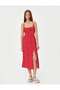 Midi Floral Dress Thin Strap Front Slit Detail Viscous Fabric Heart Collar - 3