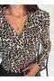 Double Breasted Neckline Pleated Leopard Print Blouse - 2