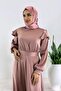 Cindy Satin Homecoming Evening Dress - Long Off the Shoulder with Dusty Rose Hijab Detail - 3