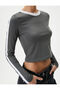 Crop Long Sleeve T-Shirt Back Number Printed Striped Crew Neck Cotton - 5