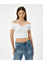 Crop Off the Shoulder Madonna Neck T-Shirt Ribbed Short Sleeve Knot Detail - 3
