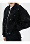 Bomber Jacket Shiny Stone Embroidered Zippered Ribbed - 5