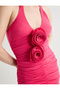 Midi Pencil Evening Dress Draped Rose Applique Detailed V-Neck Slim Fit - 7