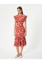 Floral Midi Dress Sitting Waistline Round Ruffled Watermelon Sleeve Slim Fit - 3