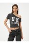 Crop Boat Neck T-Shirt College Printed Short Sleeve Cotton - 3