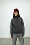 Korean Printed Anthracite Color Distressed Half Turtleneck Sweatshirt