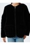 Quilted Velvet Oversize Bomber Jacket with Round Neck Pockets and Zipper - 5
