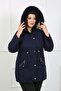 Women's Navy Blue Gabardine Fabric Wool Large Size Coat - 5