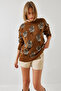 Women's Brown Crew Neck Rose Patterned Knitwear Sweater 20246257 - 2