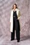 Detachable Fur Double-Breasted Coat with Waist Ties Ekru 3858