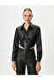 Faux Leather Shirt Crop Corset Detailed Snap Button Long Sleeve - 3