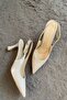 Women's Motto Cream Patent Leather Pointed Toe Open Back 8 cm Heeled Shoes - 6