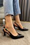 Women's Motto Black Patent Leather Pointed Toe Open Back 8 cm Heeled Shoes - 5