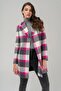 Belted Waist Lined Plaid Patterned Coat Fuchsia 3927-E - 6
