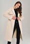 Cape Detailed Button Closure Belted Coat EKRU 3906