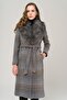 Detachable Fur Collar Waist Tied Medium Length Plaid Coat GRAY 3978 - 3