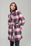 Belted Waist Lined Plaid Patterned Coat Fuchsia 3927-E - 7
