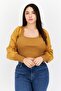 Women U Neck Long Sleeves Ribbed Top, Tan