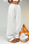 Striped Ecru White Winter Thick Raised Fleece Inside High Waist Wide Leg Sweatpants with Hidden Pockets - 4