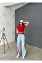 Front and Back Jeans Wide Leg Pants with Red Combed Details - 7