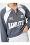 Polo Neck Sweatshirt Half Zipper Color Block Applique and Embroidery Detail - 5