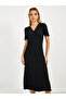 Solid V Neck Knitted Midi Dress - 2