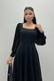 Crepe Fabric Sleeves Tulle Detailed Midi Dress - BLACK - 3