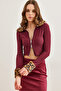 Women's Burgundy Leopard Garnished Double Zipper Crop Ribbed Blouse Blz-19002784 - 4