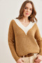 Women's Biscuit V-Neck Color Detailed Soft Textured Knitwear Sweater Kzk- 19000895 - 2