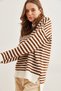 Women's Bitter Brown Half Fisherman Striped Soft Textured Knitwear Tunic Tnk- 19000100 - 5