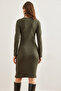 Women's Khaki Button Detailed Slit Raster Stretchy Dress Elb- 19002307 - 4