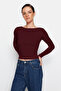 Koyu Bordo Pamuklu Sırt Dekolteli Fitted/Vücuda Oturan Esnek Örme Bluz TWOAW24BZ00160 - 3