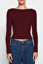 Koyu Bordo Pamuklu Sırt Dekolteli Fitted/Vücuda Oturan Esnek Örme Bluz TWOAW24BZ00160 - 6