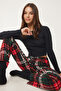 Women's Green Red Patterned Soft Textured Knitted Pajama Bottoms Ce00089 - 2