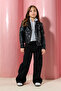 Siyah Kız Çocuk Wide Leg Kargo Cepli Pamuklu Denim Pantolon TKDSS24PL00001
