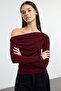 Bordo Büzgü/Drape Detaylı Fitted/Vücuda Oturan Uzun Kollu Esnek Örme Bluz TWOAW25BZ00248